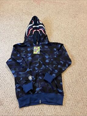 Blue Bape Navy Blue Camo Shark-Print Zip Hoodie